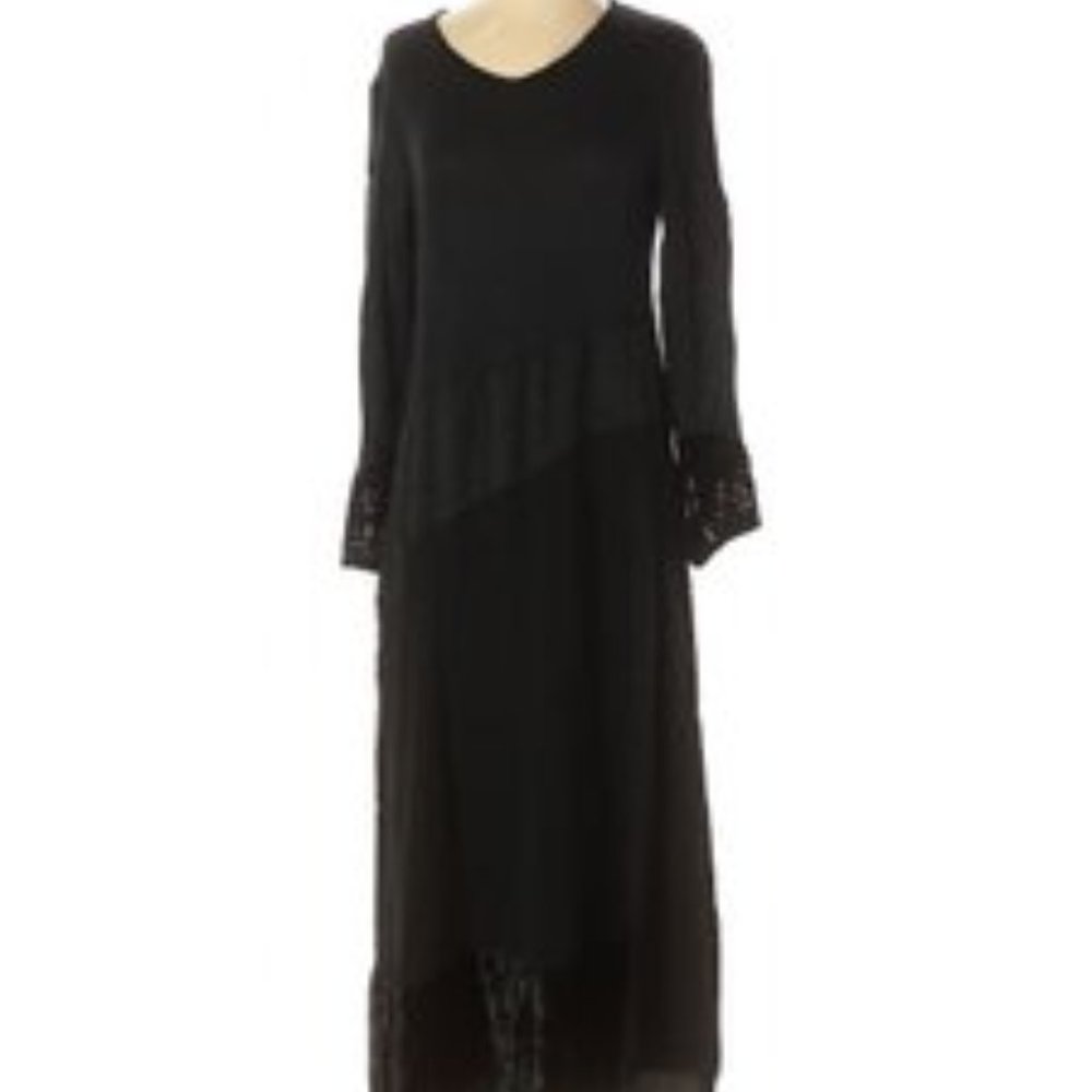 Neil & David Vintage Black Satin Boho patchwork Long Sleeve maxi Slip dress Sz S